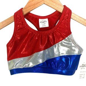 Body Wrappers Girls Cheer Dance Red Silver Blue Metallic Racerback Top L 8-10